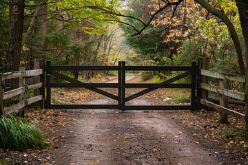 Poster - Dirt road leading to a forest in autumn, with a black wooden gate in the foreground