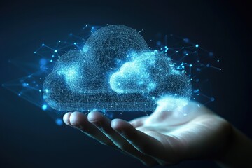 A digital representation of a cloud in a hand, symbolizing cloud computing and data storage technology in a modern setting.