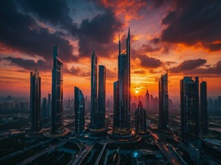 Canvas Print - Futuristic cityscape with tall buildings and a vibrant sunset.