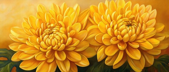 Wall Mural - Oil painting of two vibrant yellow Chrysanthemum flowers in full bloom