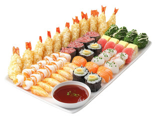 Wall Mural - a platter of assorted tempura with dipping sauce on transparent background