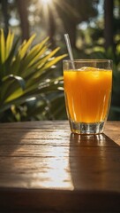 Wall Mural - Glass of orange juice on a breakfast table with sunny outdoor scene.