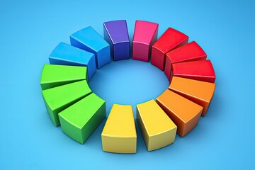 Poster - Colorful geometric shapes arranged in a circular pattern on a blue background, perfect for abstract and creative designs.
