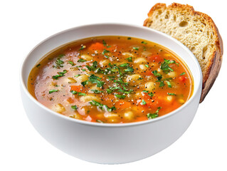 Wall Mural - a bowl of hearty minestrone soup with bread on transparent background
