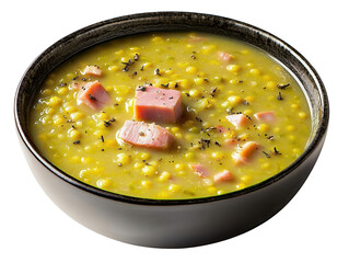 Wall Mural - a bowl of hearty split pea soup with ham on transparent background