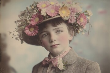 Sticker - A young girl wearing a flowery hat and a pink dress. She has a pink bow on her neck