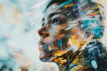 Poster - Digital art portrait of a young woman merging with abstract colorful shapes and textures