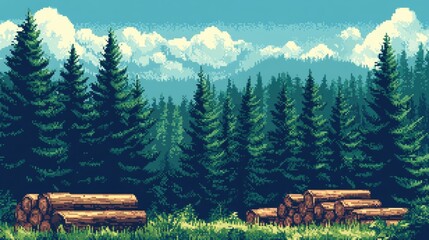Fototapete - A pixelated pine forest with carefully stacked logs, capturing the beauty of nature in an 8-bit retro style illustration.