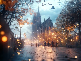 Spooky carnival at a crumbling gothic church glowing lanterns and pumpkins