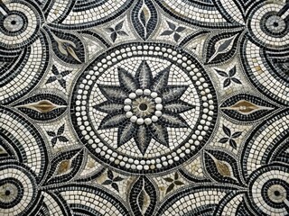 Intricately arranged black and white stone tiles form a stunning Roman-inspired mosaic, evoking ancient elegance and sophistication in a timeless, monochromatic design.