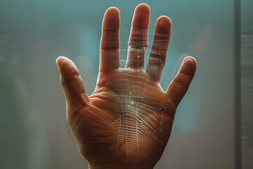 Poster - Businessman is touching a futuristic transparent digital touchscreen interface with his hand