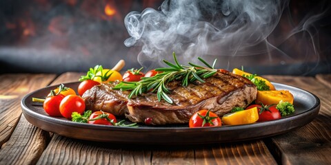 Plate of sizzling steak with fresh vegetables and herbs, steam rising, sizzling, steak, fresh, vegetables, herbs, steam, food, meal