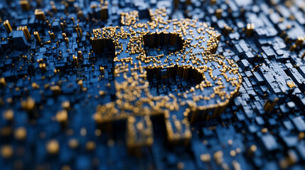 A close-up image of a blue bitcoin symbol made up of tiny, randomly arranged cubes. This 3D illustration represents the concept of business and finance.