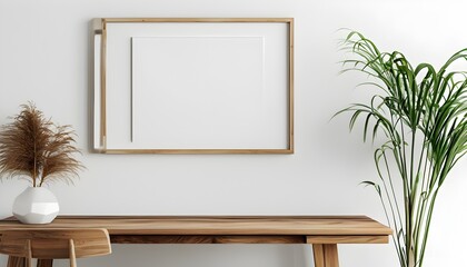 Wall Mural - Modern mockup display of blank canvas on white wall with rustic wooden table in foreground