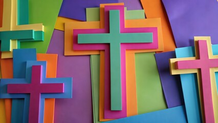 Poster - Colorful Crosses Made of Paper on Multicolored Background