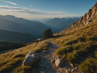 Poster - Hiking in the mountains with a serene view.