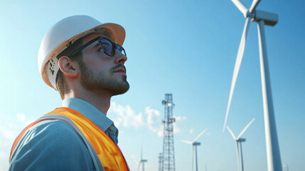 Engineer wearing safety gear looks at a wind turbine in a renewable energy field under a clear blue sky.