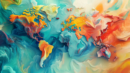 A colorful, three-dimensional map of the world with an artistic, abstract look.