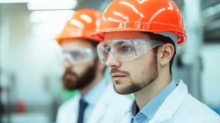 Two professionals in safety gear, focusing on work in an industrial environment, showcasing teamwork and commitment to safety.