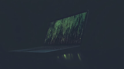 A dark laptop with glowing, abstract patterns on its screen. This image represents the dangers of cybercrime in the digital world.
