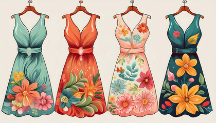 Wall Mural -  Set of four vibrant floral dresses – Four dresses adorned with colorful floral patterns, id_1(210)