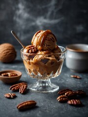 Wall Mural - Ice cream with pecans and caramel for a cozy dessert.