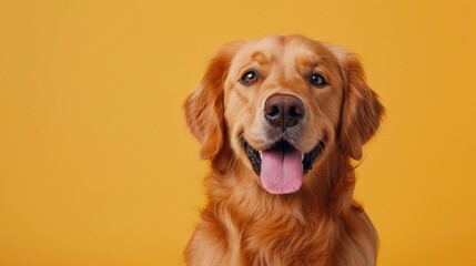 Wall Mural - Happy Golden Retriever Dog Portrait on Yellow Background