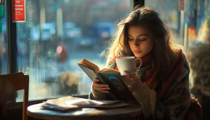 A young woman sipping coffee at a cafe, reading a book in a soft morning light, 