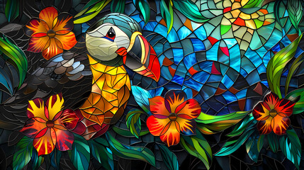 Stained glass vector-style image of beautiful Puffin bird tail, tropical flowers, bird feathers, color coordinated abstract expressionism surrealism apophysis paisley design