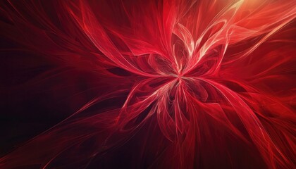 Wall Mural - Abstract red background featuring a fractal star explosion with glossy elements and dynamic lines