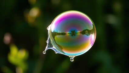 Wall Mural - Rainbow Soap Bubble with Droplets and Blurred Green Background