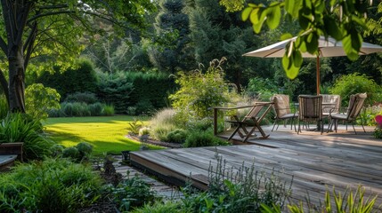 Tranquil garden scene with wooden deck and furniture illuminated by morning sun