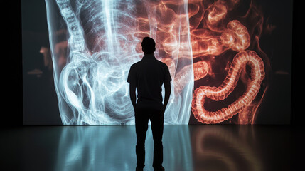 A man stands against a dark backdrop, studying a holographic projection of the human intestine. The image is created by a digital X-ray scan.