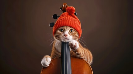 Wall Mural - Cute Cat Wearing a Red Beanie Hat Playing the Cello