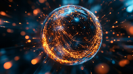 A shimmering, 3D sphere made of glowing particles and wires. It looks like a digital explosion or splash. This is a digital artwork.