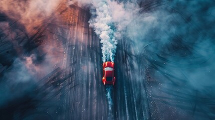 Poster - Red sports car emits smoke in open area, possibly a parking lot or track. Sky shows red and blue colors. Two trees by car. Dynamic scene of drifting or stillness.