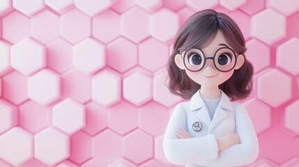 A cheerful cartoon scientist stands against a pink hexagonal background, promoting science.