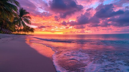 Canvas Print - A breathtaking sunset casts vibrant hues across the sky and water, with palm trees lining the sandy beach, creating a peaceful tropical atmosphere