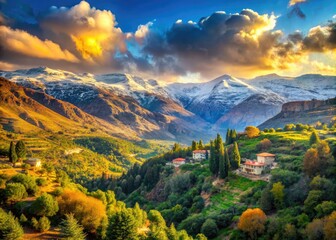 Wall Mural - Majestic Lebanon Mountains landscape featuring rugged snow-capped peaks, lush green forests, and serene valleys, bathed in warm golden light during a tranquil winter morning.