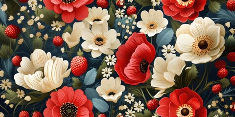 Sticker - A lively arrangement of red and white flowers blooms amidst green leaves, set against a contrasting dark blue background, creating an eye-catching pattern full of life