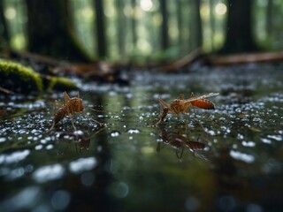 Poster - Mosquitoes caught in a wet cobweb in the forest.