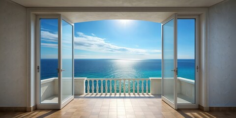 Wall Mural - illustrated view of terrace window overlooking tranquil mediterranean sea, mediterranean, terrace, w