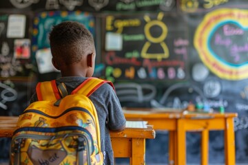 Wall Mural - A young boy is sitting at a desk in a classroom