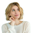 © Rawpixel.com - PNG Young caucasian blonde bob hairstyle woman in mid 50s thinking an idea with a smile while look to other side portrait photo head.