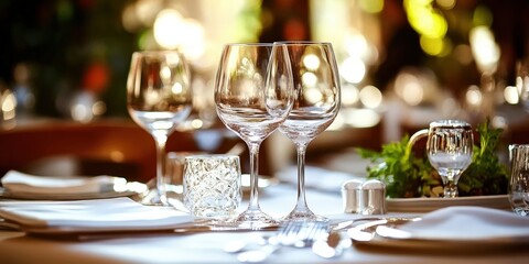 A beautifully set table in an elegant restaurant with crystal-clear wine glasses, soft ambient lighting, and a luxurious atmosphere, perfect for showcasing fine dining, hospitality, or event-related d