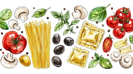 Poster - Fresh Italian ingredients are beautifully arranged, featuring pasta, ripe tomatoes, mushrooms, olives, and fragrant herbs, showcasing the essence of Italian cuisine