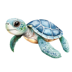 Watercolor cartoon cute sea turtle side view swimming.  Illustration for kids on white background. 