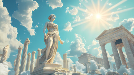 ancient greek civilization, ancient greek temple ruins with female goddess statue with clouds and su