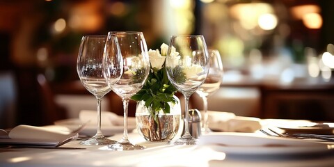 A beautifully set table in an elegant restaurant with crystal-clear wine glasses, soft ambient lighting, and a luxurious atmosphere, perfect for showcasing fine dining, hospitality, or event-related d