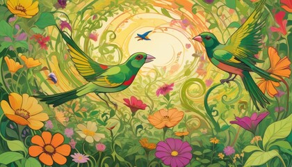 Wall Mural - Colorful Birds and Flowers in a Vibrant Garden